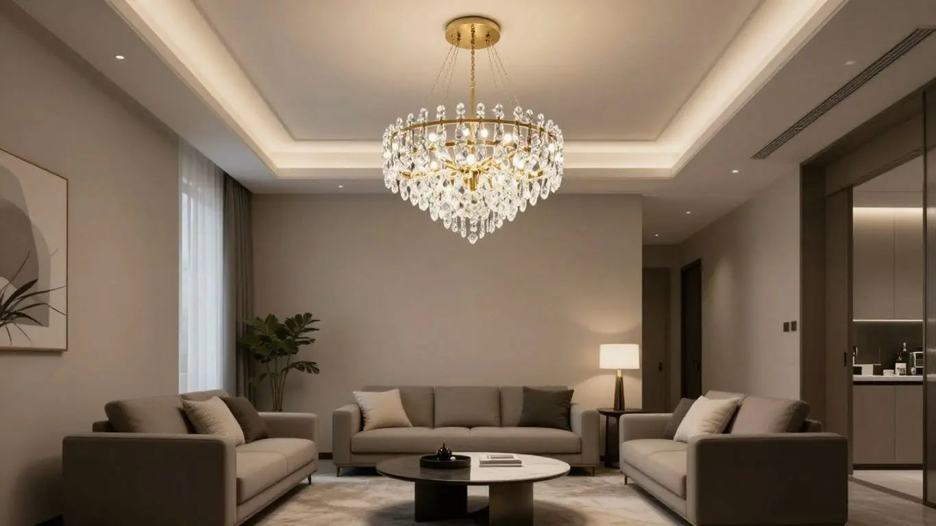 Modern crystal chandelier in a stylish living room.