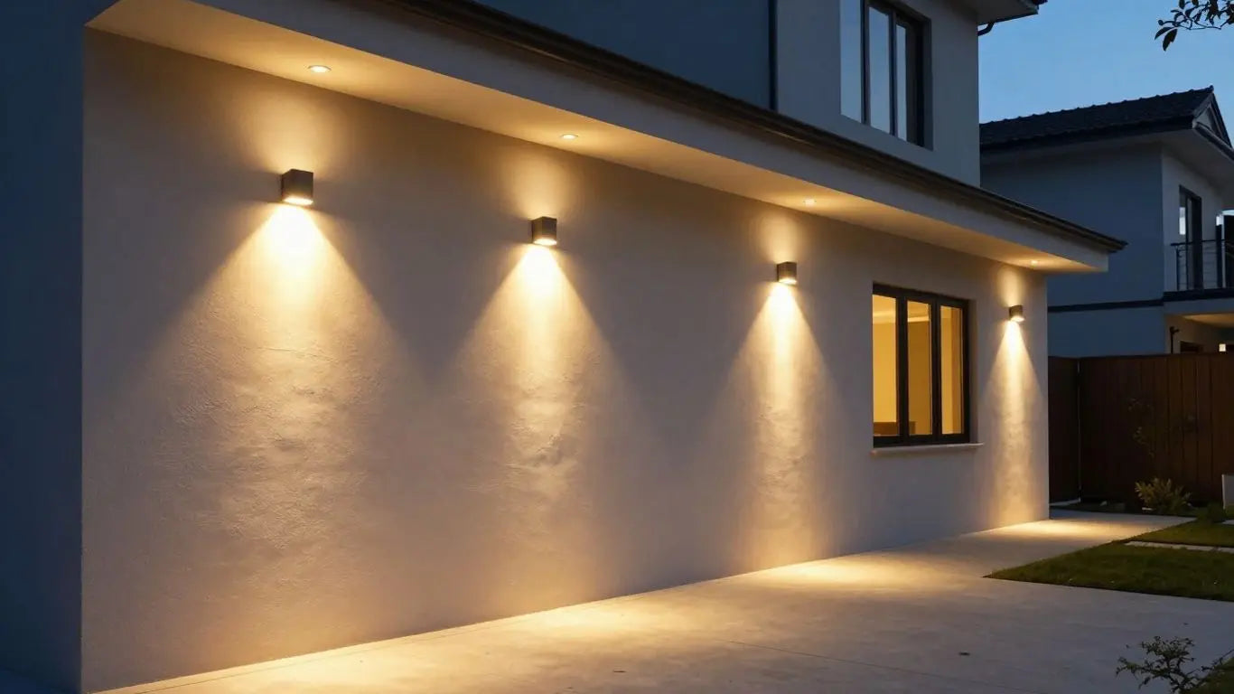 Stylish exterior wall lamps illuminating a home at dusk.