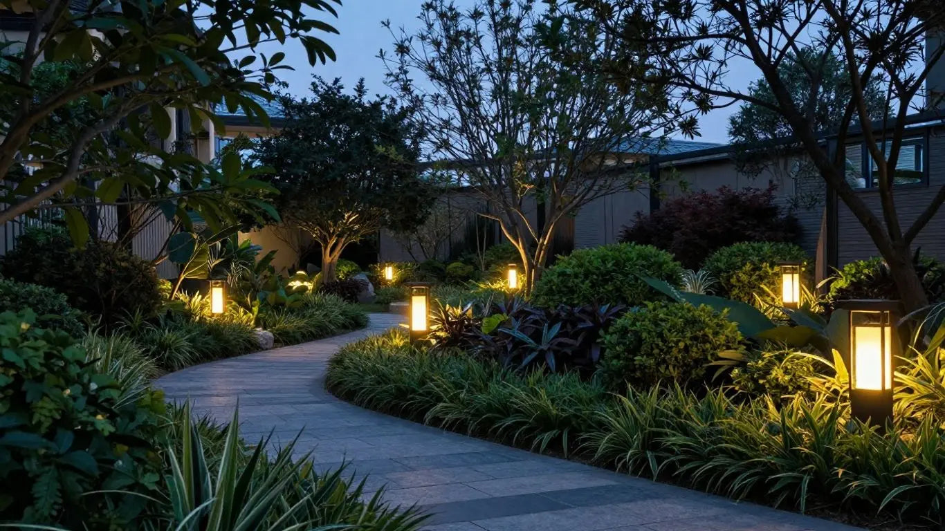 Garden lighting posts illuminating a pathway at dusk.