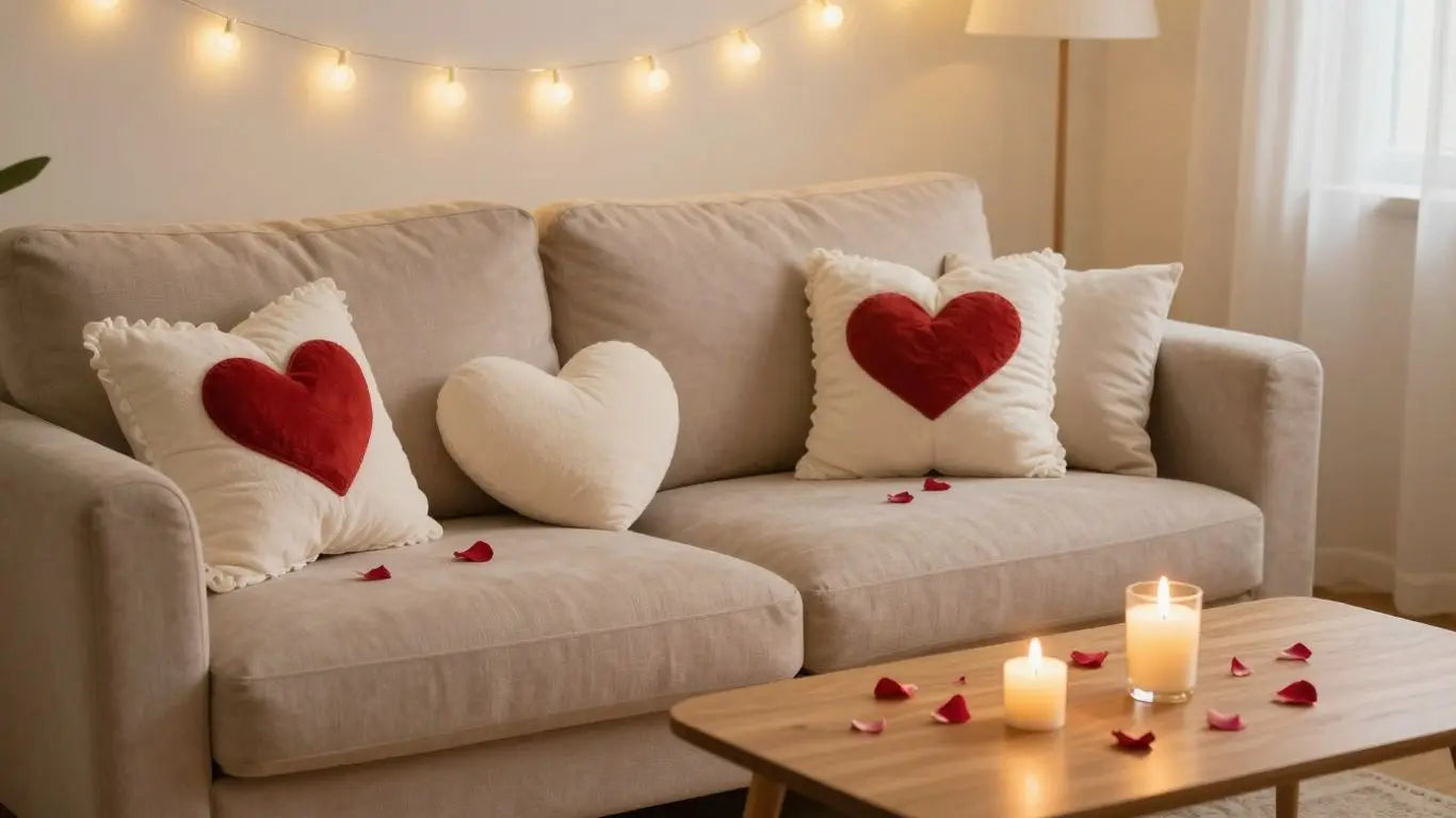Romantic Valentine's Day home decor with hearts and candles.