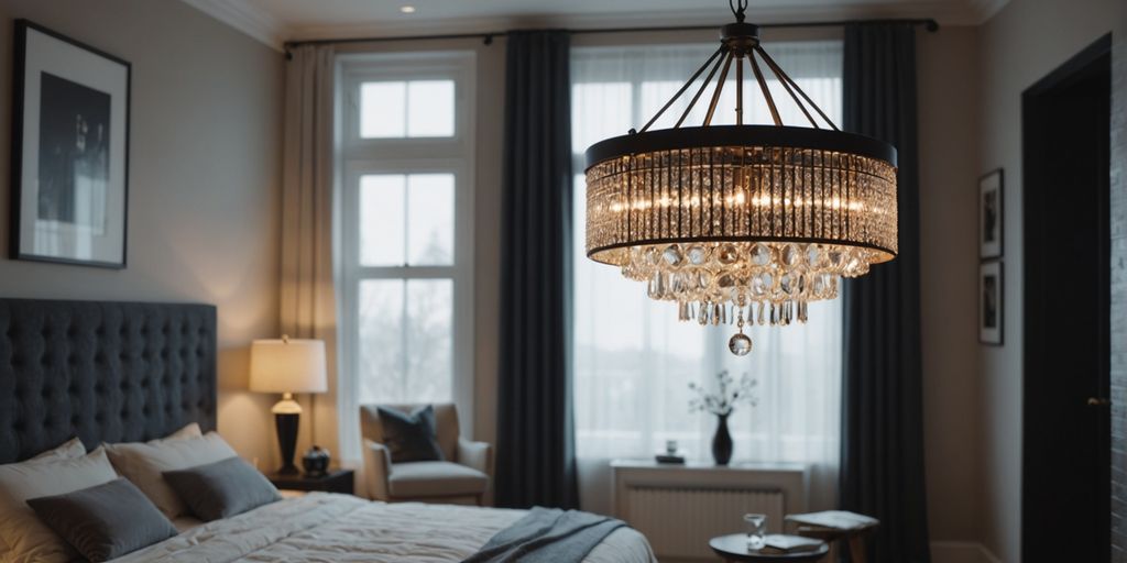 Chandelier and pendant light in a modern bedroom.