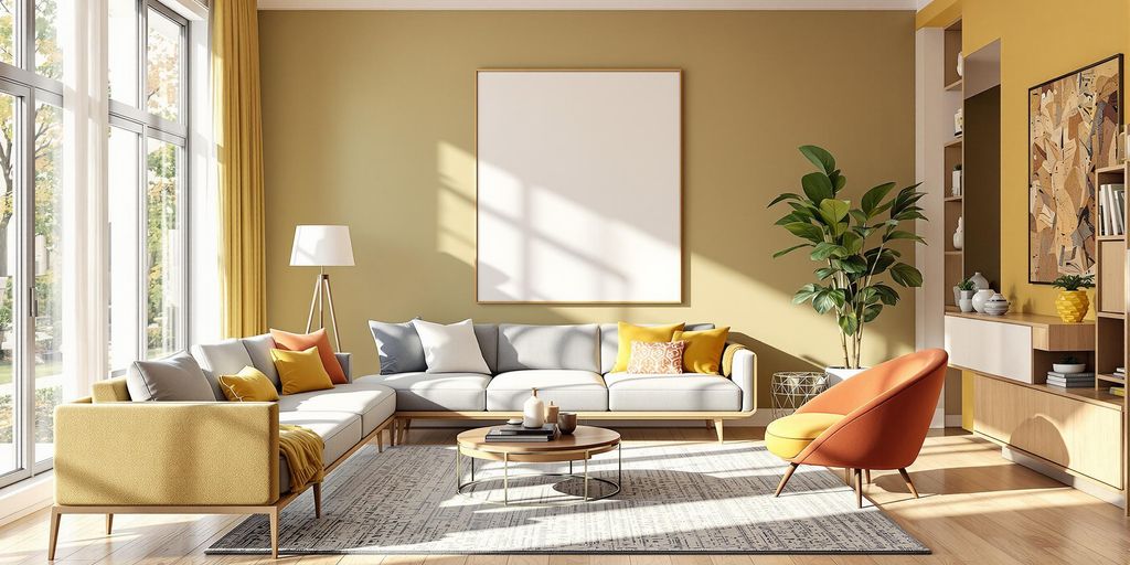 Modern living room with trendy decor and vibrant colors.