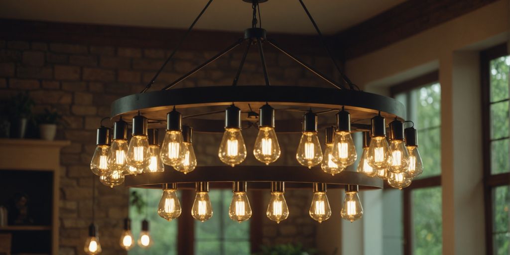 Eco-friendly chandelier with sustainable materials in a home.