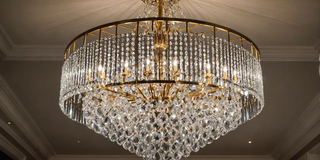 Clean, sparkling crystal chandelier in an elegant room.