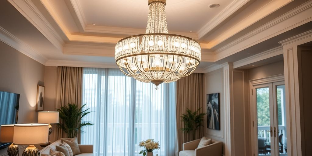 Modern chandelier in elegant living room