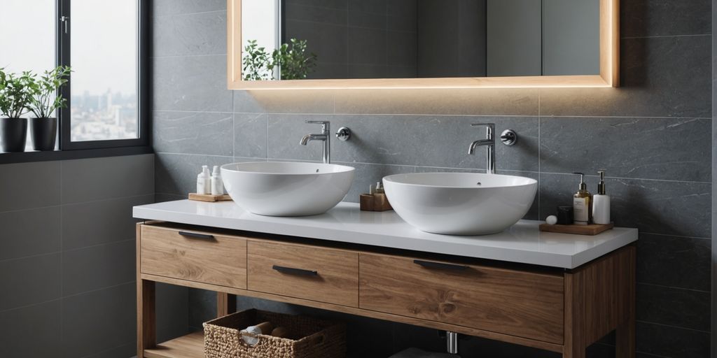 Elegant bathroom vanity with sink and storage options.