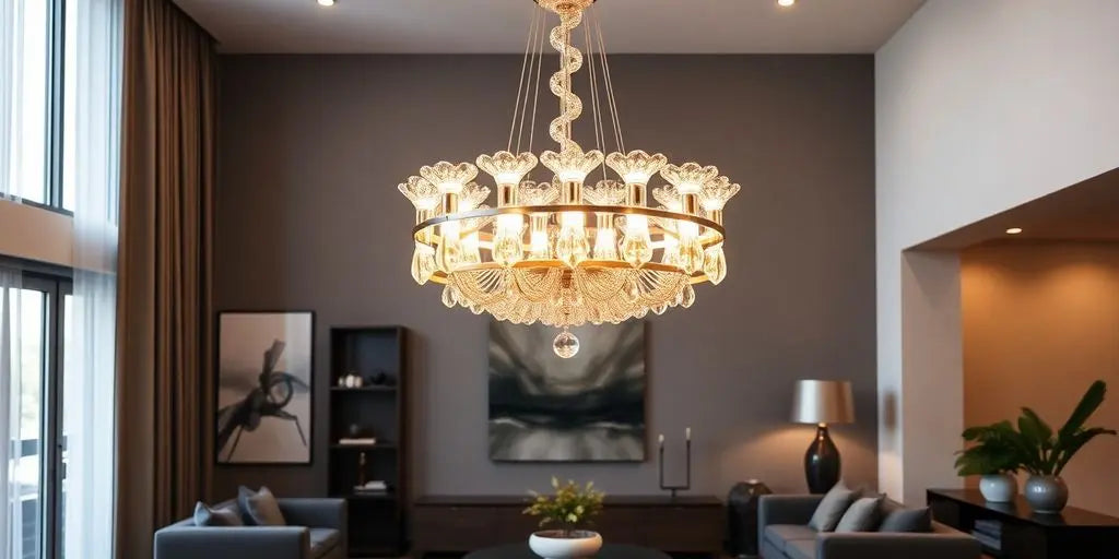 Mid-century chandelier in a modern living room setting.