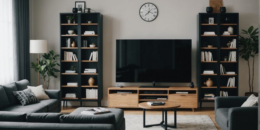 Living room showcasing innovative storage solutions for clutter-free space.