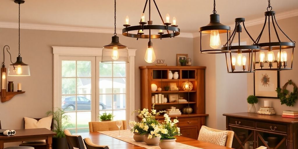 Dining room with farmhouse light fixtures and wooden furniture.