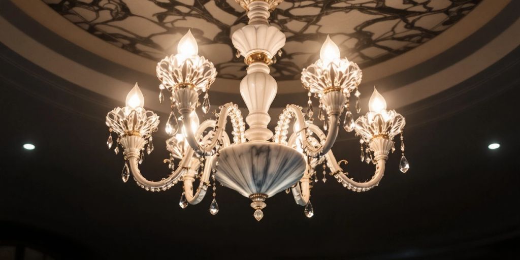 Elegant marble chandelier with soft glowing light.