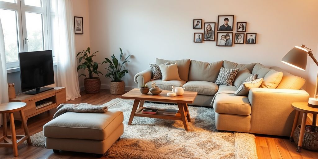 Cozy living room with sofa and coffee table