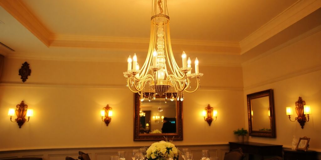 Elegant chandelier and wall lights in a dining space.