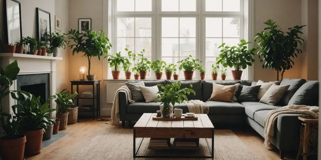 Eco-friendly living room with plants and sustainable decor.