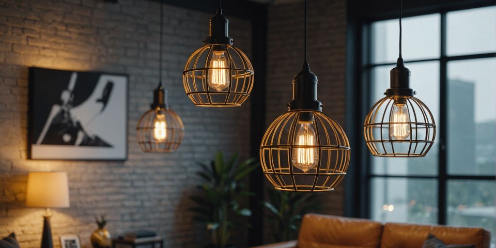 Modern living room with industrial cage pendant lights