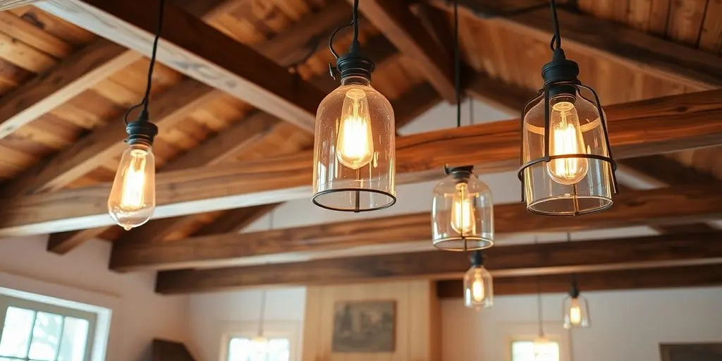 Farmhouse interior with rustic light fixtures and warm glow.