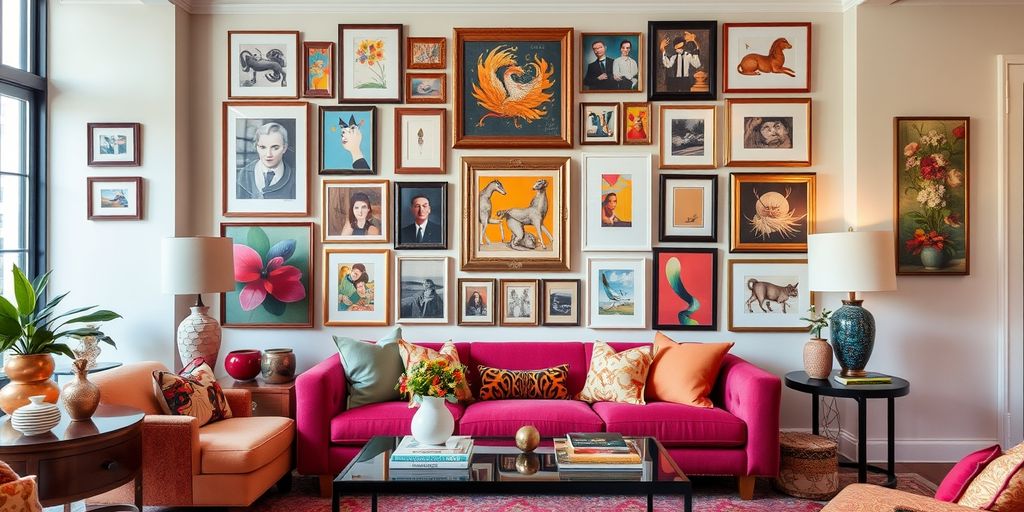 Colorful gallery wall in a stylish living room.