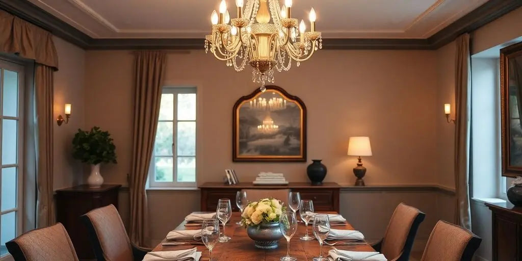 Elegant chandelier in a stylish dining room setting.