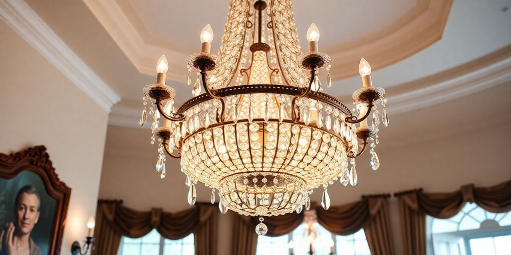 Large chandelier with crystals illuminating a stylish room.