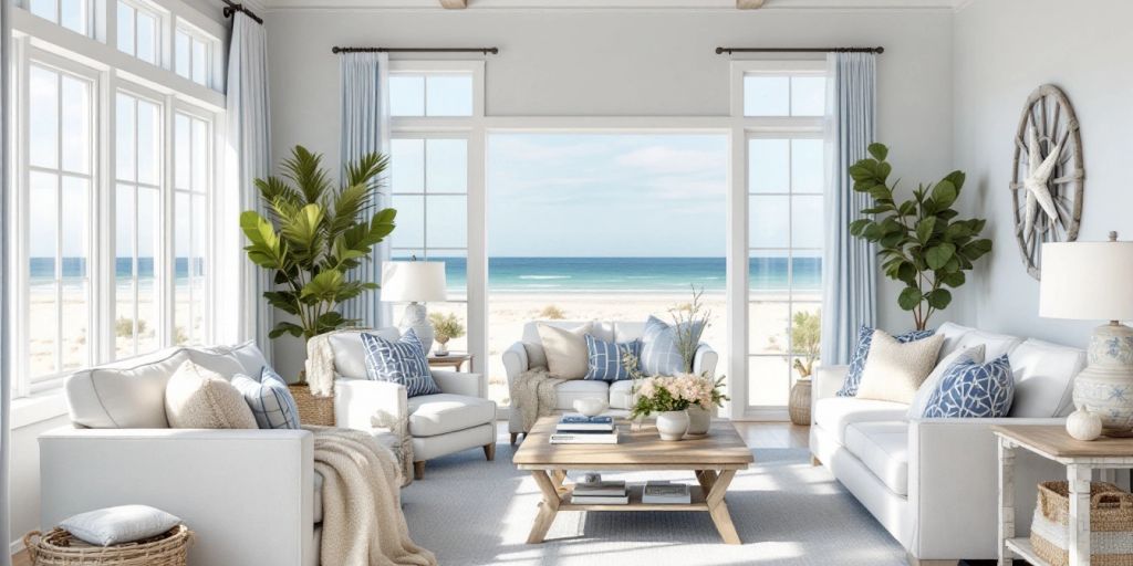 Coastal living room with blue and white decor.