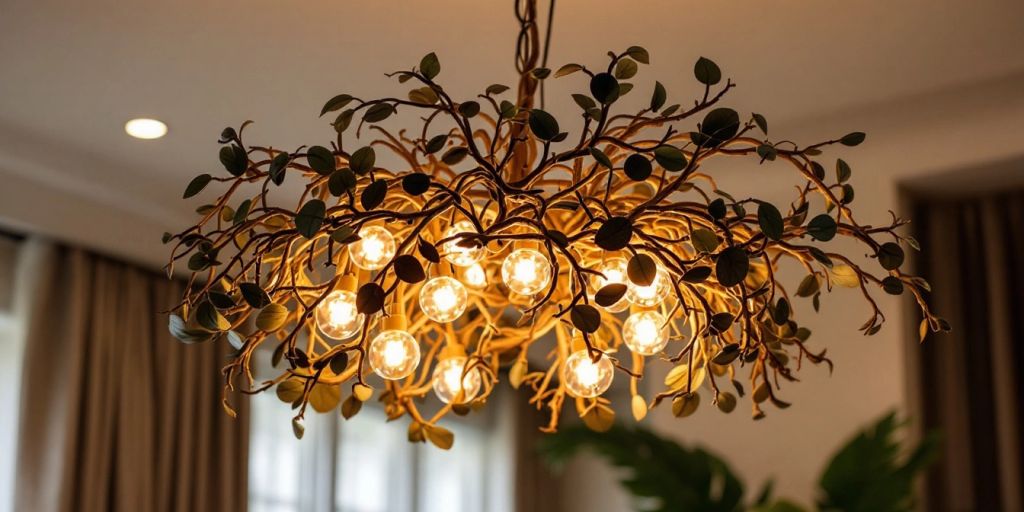 Organic chandelier with natural materials in modern interior.