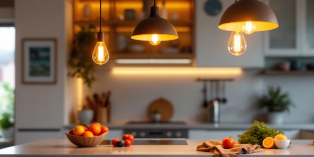 Modern kitchen with stylish pendant lights overhead.