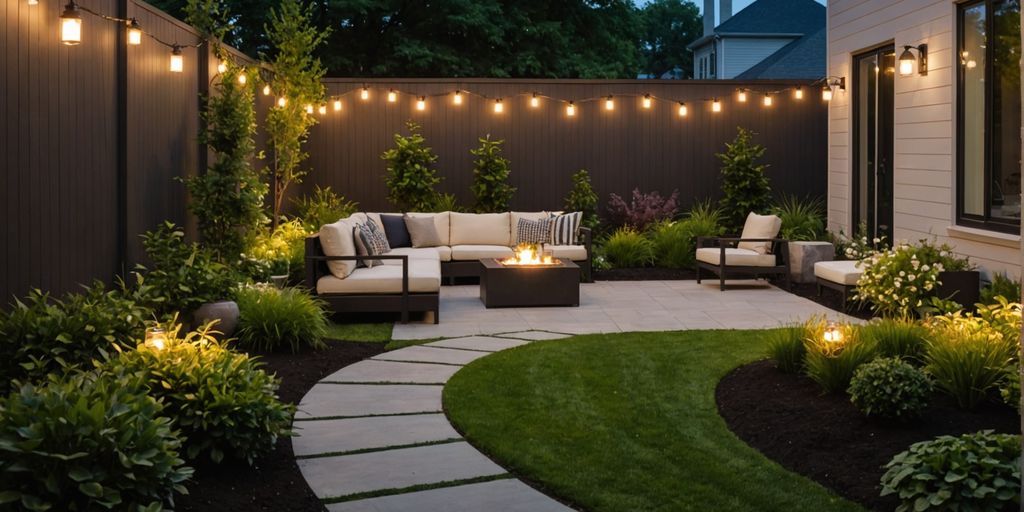 Modern backyard with stylish outdoor lighting