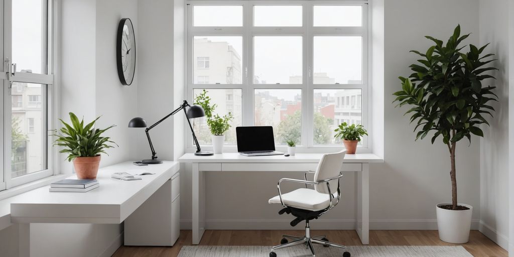 Minimalist home office with desk, chair, and plant.