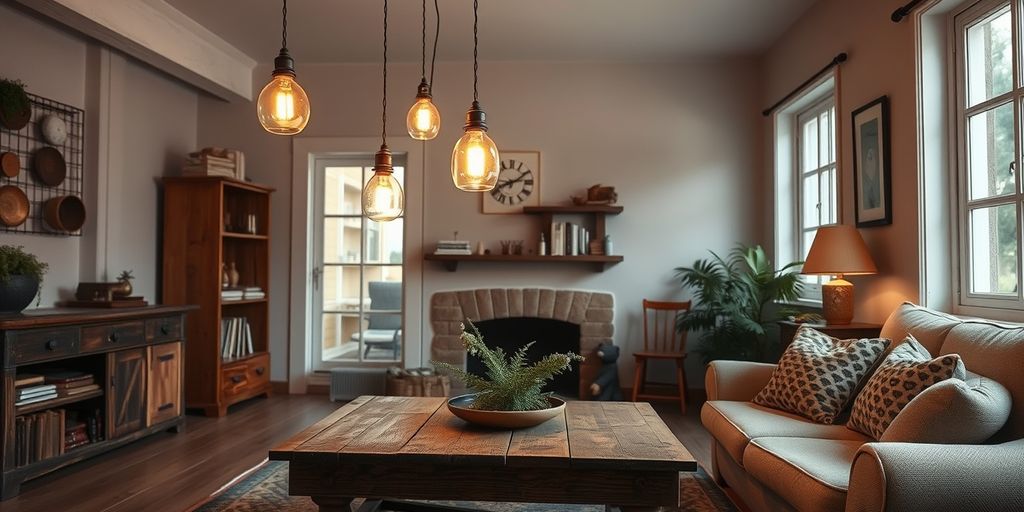 Vintage pendant lights in cozy living room