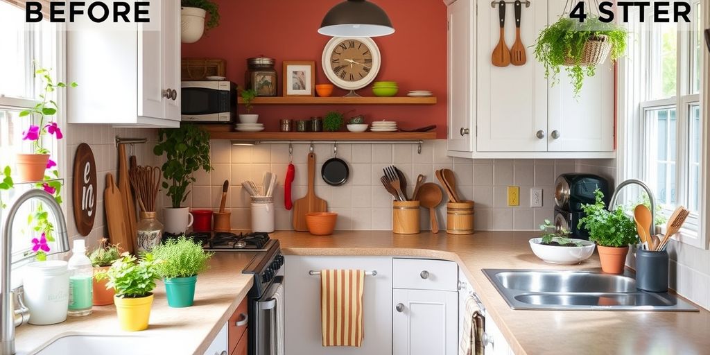 Cozy kitchen with vibrant decor and potted herbs.