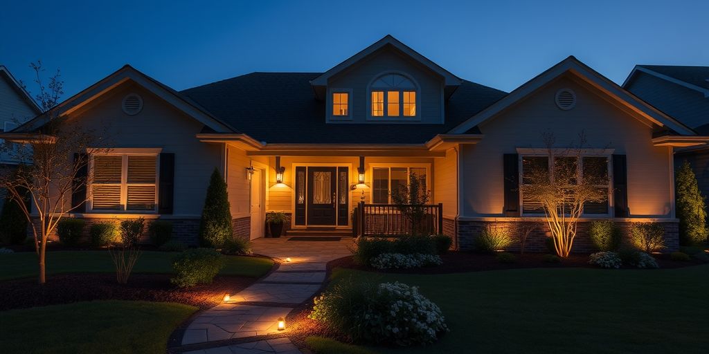 Well-lit modern house exterior at dusk