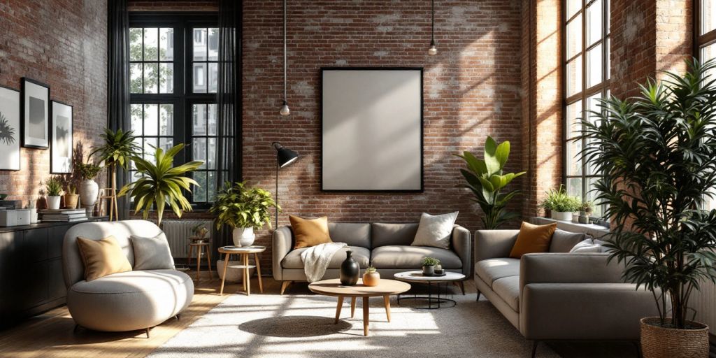 Chic urban loft with exposed brick and large windows.