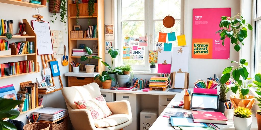 Bright home workspace with art supplies and creative tools.