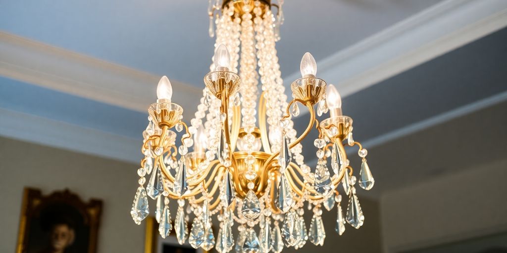 Elegant crystal chandelier illuminating a stylish room.