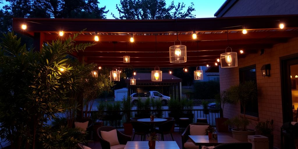 Outdoor patio with pendant lights at dusk