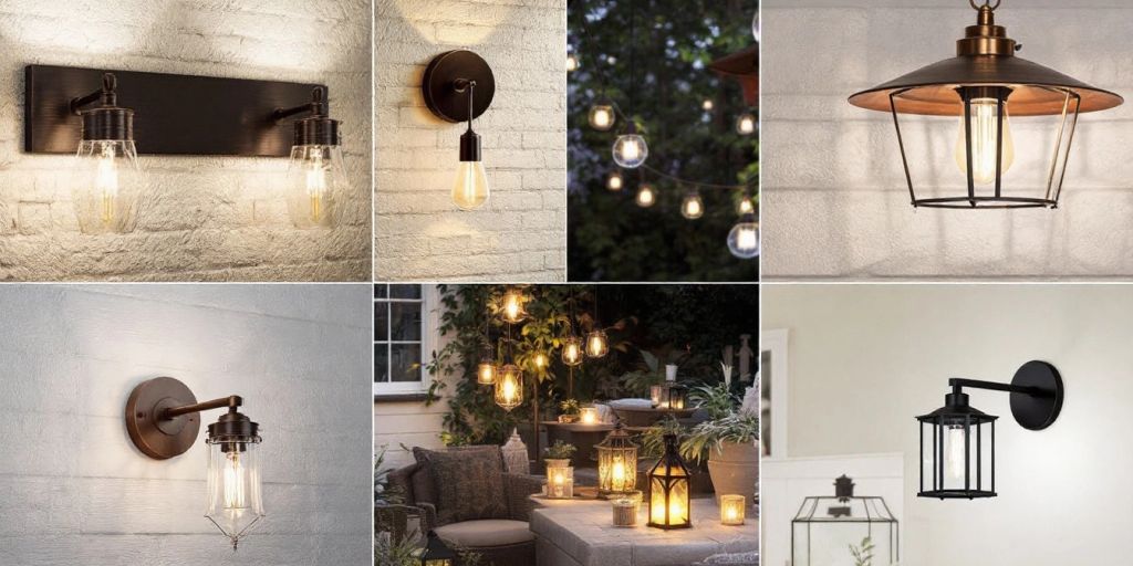 Outdoor light fixtures illuminating a cozy patio space.