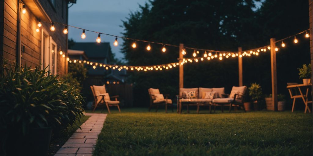 Backyard illuminated with diverse outdoor lights at dusk