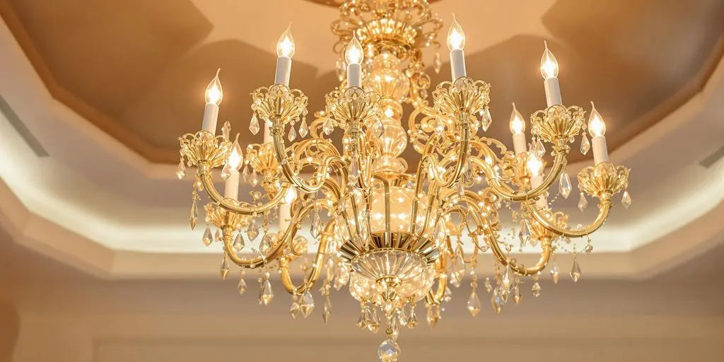 Elegant gold chandelier illuminating a stylish interior space.