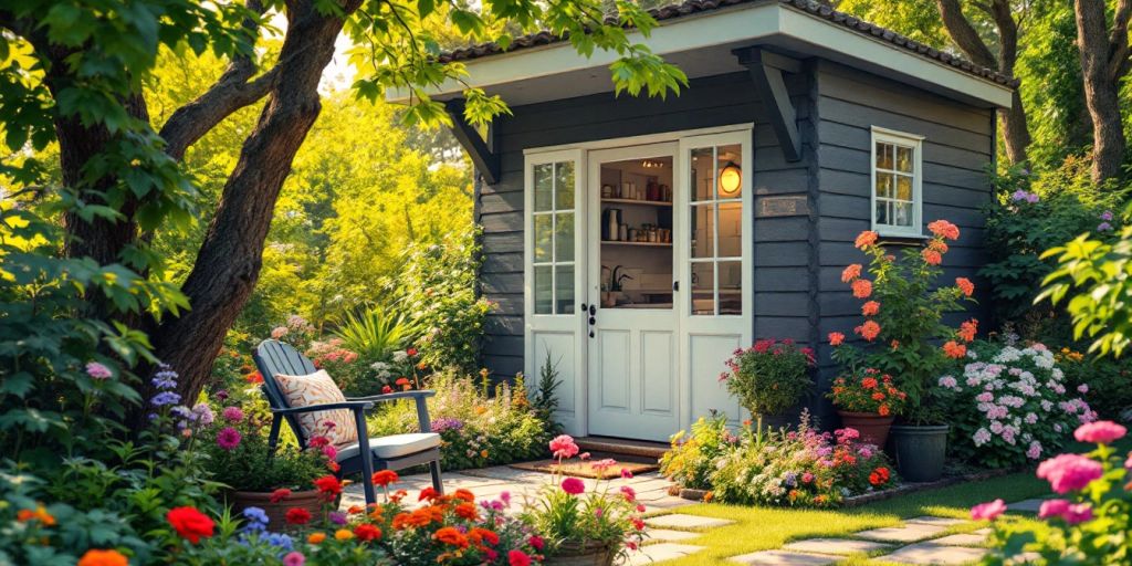 Cozy garden house with bathroom in a vibrant garden.