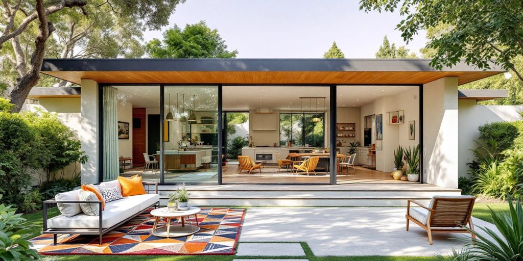 Mid-century modern home with large windows and greenery.