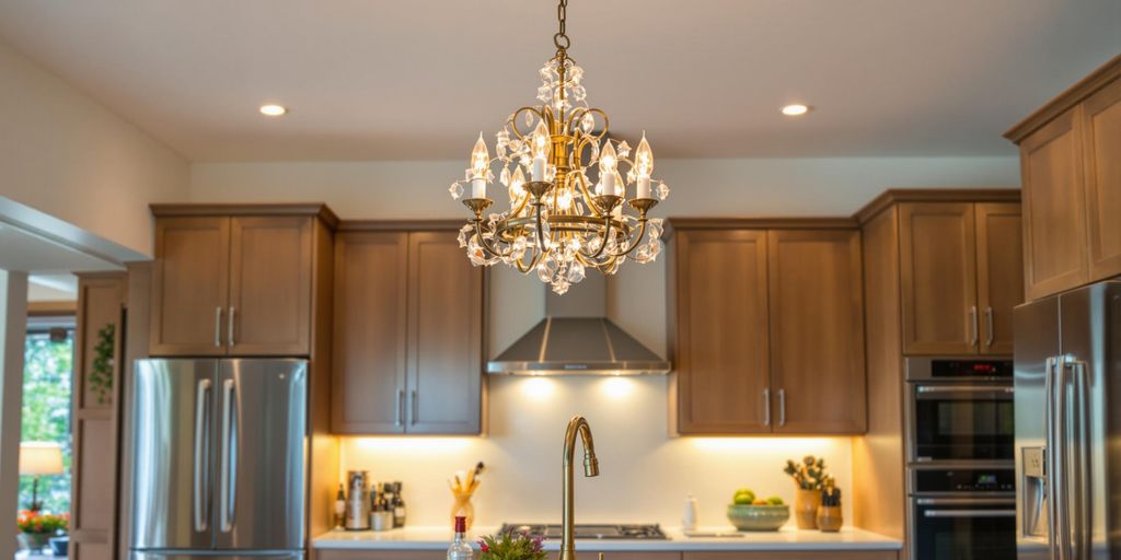 Elegant chandelier lighting in a modern kitchen interior.