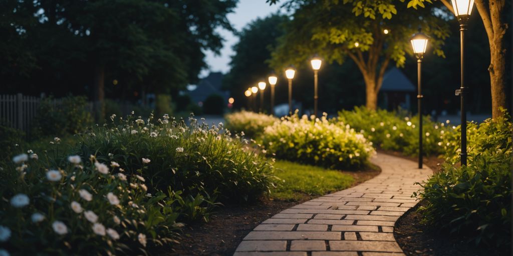 Solar-powered garden path lights illuminating a walkway at dusk