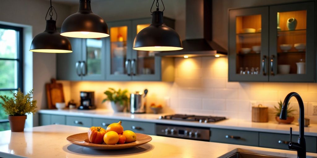 Modern kitchen with stylish pendant lights and bright countertops.