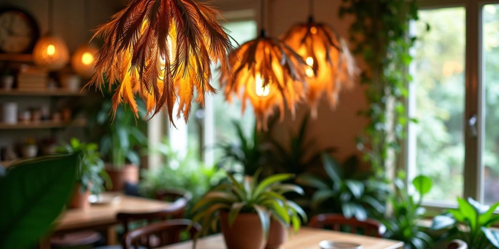 Cozy room with organic light fixtures and plants.