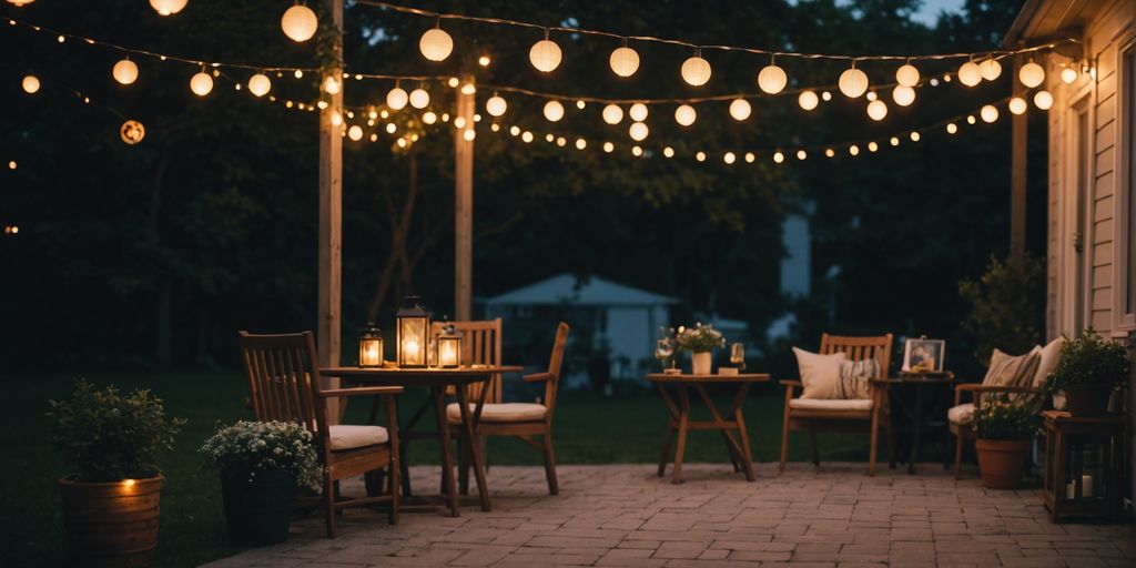 Backyard illuminated with string lights and lanterns at dusk