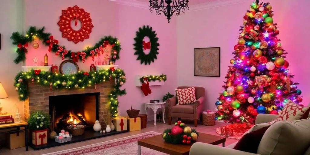 Cozy living room with unique Christmas decorations and tree.