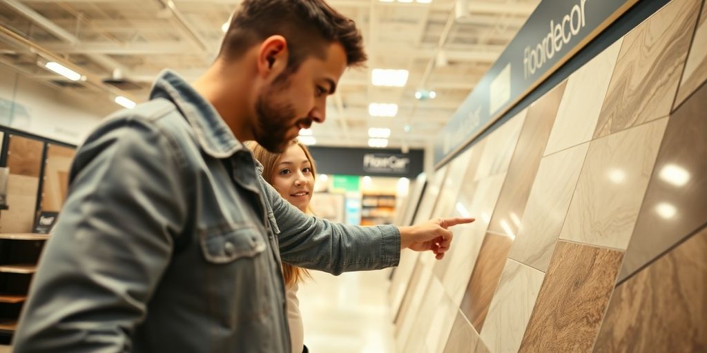 Person helping customer in bright, well-lit tile store.