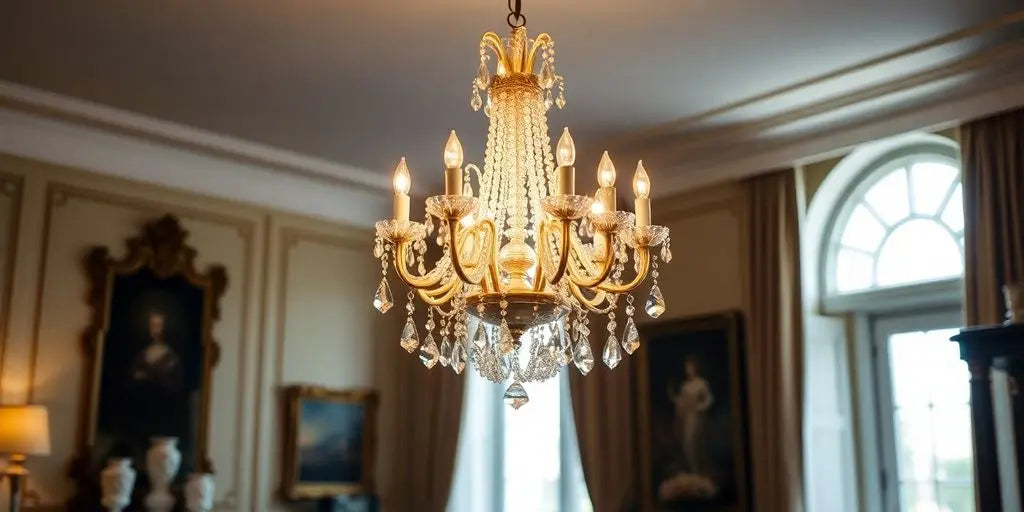 Elegant chandelier casting warm light in a stylish room.