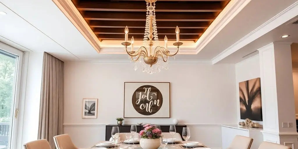 Modern dining room with elegant chandelier overhead.