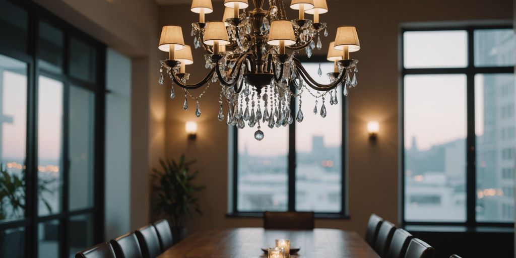 Chandelier illuminating a stylish dining room setting.