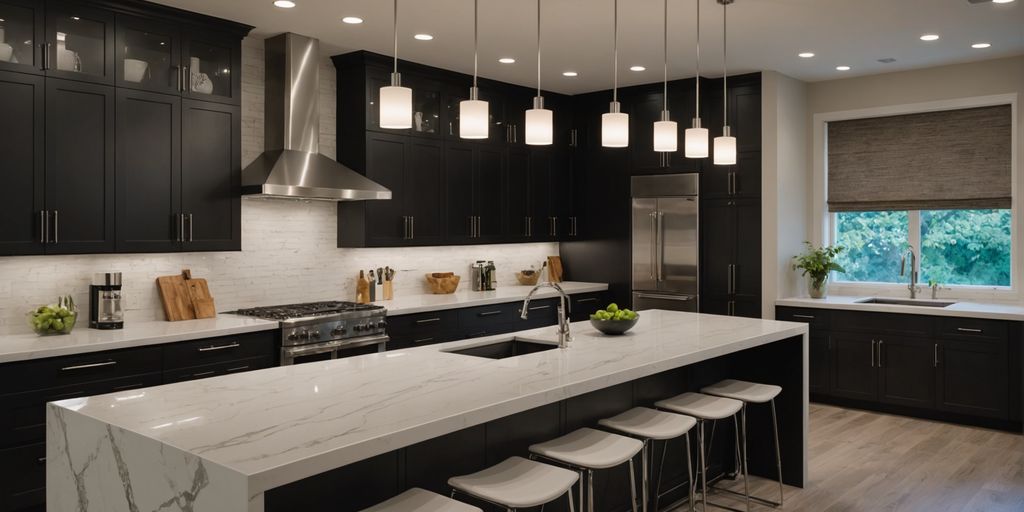 Modern kitchen showroom with various lighting options